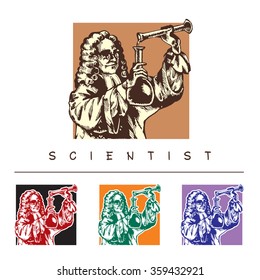 Ancient scientist with test tube. Vector colored image.