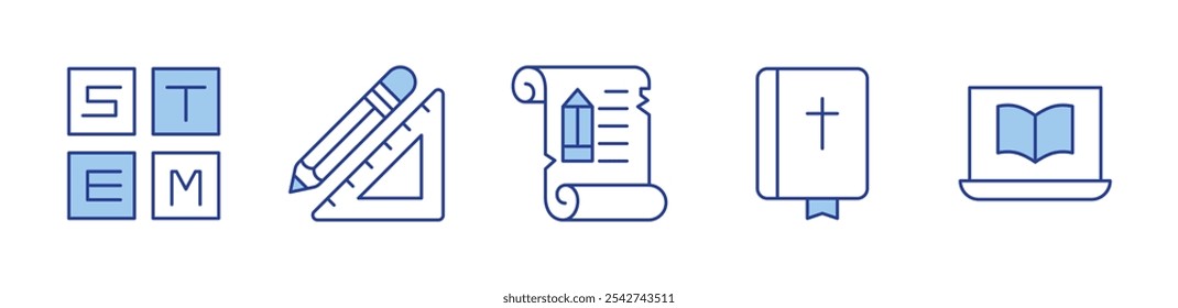 ancient scroll, bible, online learning, stem, pencil and ruler. icon vector illustration. Line Duotone style. Editable stroke.