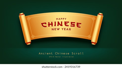 Ancient Scroll Chinese new year gold color, horizontal curve realistic banner design, on green background, Eps 10 vector illustration
