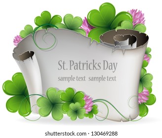 Ancient scroll and clover on a white background. St. Patrick's Day symbols.