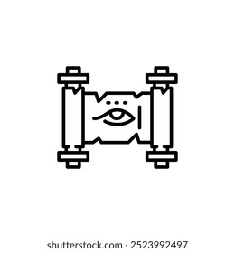 Ancient scroll with eye icon. Line art representation of a rolled parchment featuring an eye symbol, ideal for themes related to archaeology. Perfect for web, app, graphic design. Vector illustration