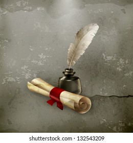 Ancient scroll and feather, old style vector