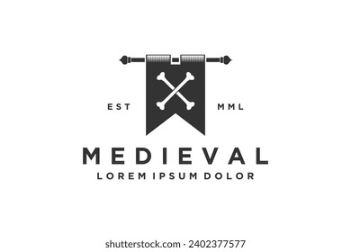 Ancient scroll flag logo with crossbones. Medieval symbol illustration.