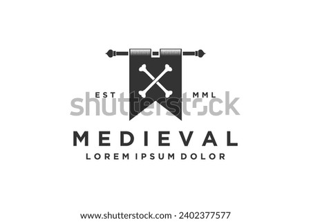Ancient scroll flag logo with crossbones. Medieval symbol illustration.