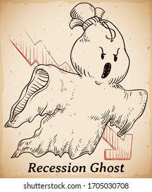 Ancient scroll with ghost drawing, decorated with money bag in the head and falling arrow, haunts the economy with recession menace.
