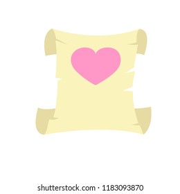 Ancient scroll with heart. Vector illustration isolated on white background.
