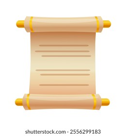 Ancient scroll icon with golden elements and text inside isolated on white background.