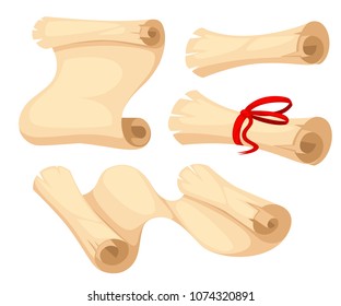 Ancient scroll illustration. Papyrus scroll with red ribbon. Rolled and open old scrolls. Cartoon style design. Vector illustration isolated on white background. Web site page and mobile app design.