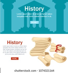 Ancient scroll illustration. Papyrus scroll with red ribbon. Rolled and open old scrolls. Cartoon style design. Vector illustration. Greek temple on background. Web site page and mobile app design.