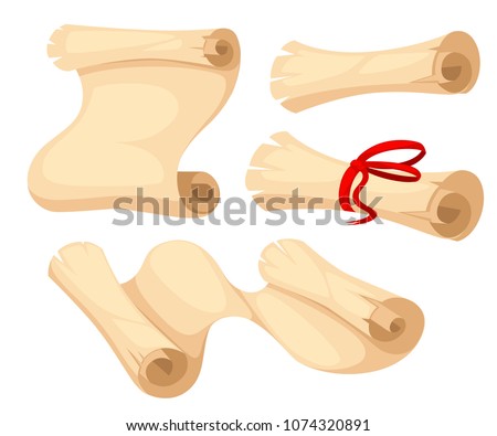 Ancient scroll illustration. Papyrus scroll with red ribbon. Rolled and open old scrolls. Cartoon style design. Vector illustration isolated on white background. Web site page and mobile app design.