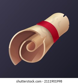 Ancient scroll with inscriptions for game design. Relic, recipe, in-game enhancement. Template for mobile, client and browser applications. Volumetric vector colorful object for stylization.