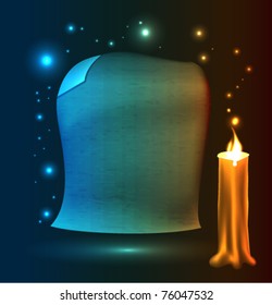 Ancient scroll with lighted candle, glowing vector illustration