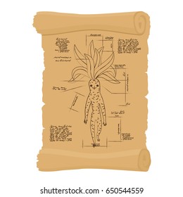 Ancient scroll  of Mandrake root. Archaic papyrus of Legendary plant. Old scheme. Secret Invention of Leonardo da Vinci. Vintage document