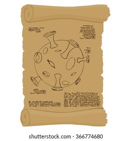 Ancient scroll with map of moon. Old paper with Selene. Antique parchment structure of  Cynthia. antique space exploration. cosmos planet infographics.
