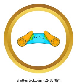 Ancient scroll map vector icon in golden circle, cartoon style isolated on white background