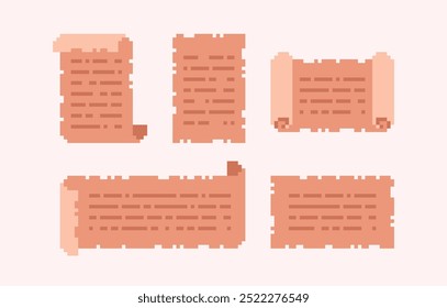 Ancient scroll, old papyrus pixel art set. Rolled manuscript collection. 8 bit. Game development, mobile app. Isolated vector illustration.