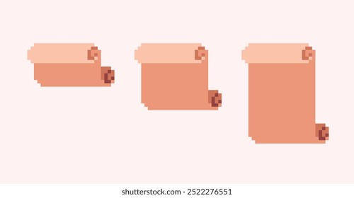 Ancient scroll, old papyrus pixel art set. Rolled manuscript collection. 8 bit. Game development, mobile app. Isolated vector illustration.