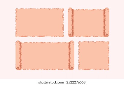 Ancient scroll, old papyrus pixel art set. Rolled manuscript collection. 8 bit. Game development, mobile app. Isolated vector illustration.