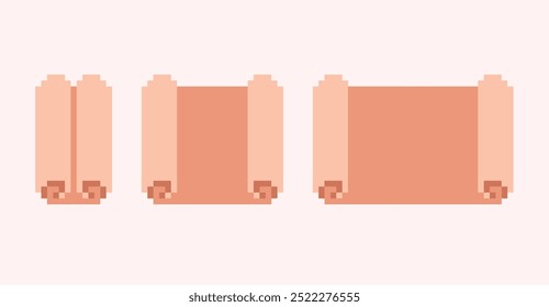 Ancient scroll, old papyrus pixel art set. Rolled manuscript collection. 8 bit. Game development, mobile app. Isolated vector illustration.
