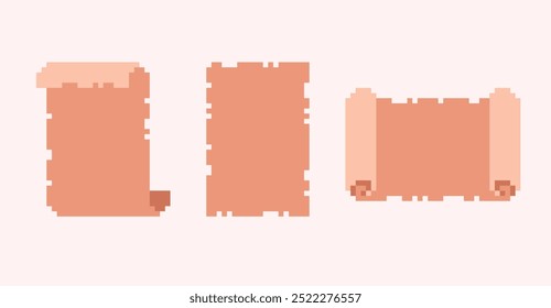 Ancient scroll, old papyrus pixel art set. Rolled manuscript collection. 8 bit. Game development, mobile app. Isolated vector illustration.