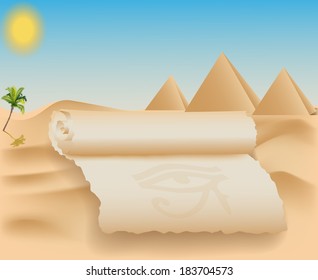 ancient scroll on the beautiful background of the Egyptian pyramids and desert