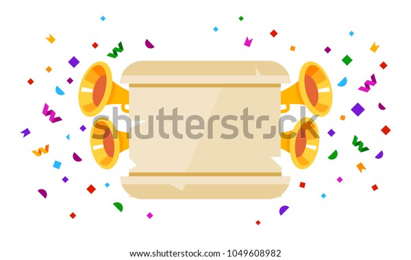 Ancient scroll paper with fanfare and
confetti. Vector flat style
illustration