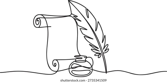 Ancient scroll paper with feather quill and ink pot continuous line drawing. Symbolizing literature, writing, poetry, and history studies. Concept of education, authorship, storytelling, and classic documentation. Outline vector illustration for creative projects or publishing.