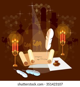 Ancient scroll paper old book magic poster mystic bright light on background vector 