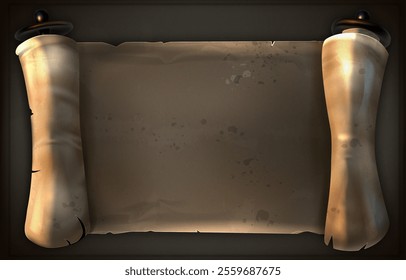 Ancient scroll of parchment paper  on the black background. The scroll is old and worn, with a few holes in it. The paper is brown and has a slightly rough texture. Unfolded scroll  for your design