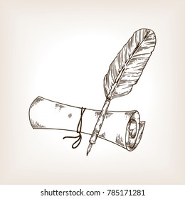 Ancient scroll and pen feather engraving vector illustration. Brown aged background. Scratch board style imitation. Hand drawn image.