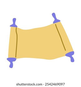 Ancient scroll with purple handles on white background.