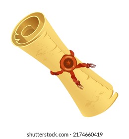 Ancient scroll with a seal. Golden symbols of ancient Egypt vector illustration. Cartoon Sphynx, Nefertiti, pharaoh statue, monuments