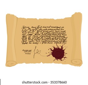 Ancient scroll with  seal. Indefinite abstract text in vintage style. Historical Decree on prehistoric parchment. Retro document on old paper.
