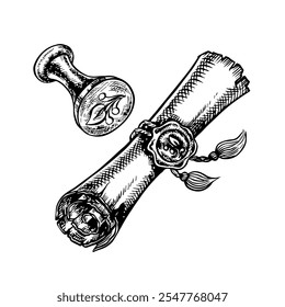An ancient scroll sealed with a seal and a sealing wax stamp. Vector black and white graphics. Hand-drawn illustration on a white background. A design element for postcards, flyers, posters, stickers.