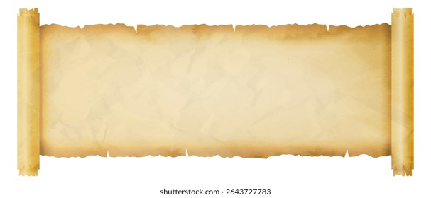 Ancient scroll. Textured parchment scroll with torn edges, crumpled aged paper for historical documents, diplomas or announcements designs. vector background illustration.
