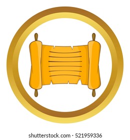 Ancient scroll vector icon in golden circle, cartoon style isolated on white background