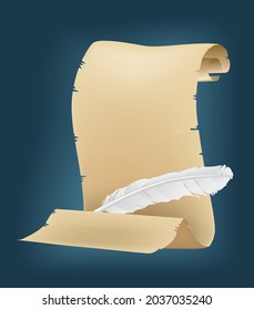 Ancient scroll and white feather, old papyrus and quill vector illustration