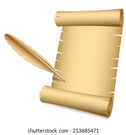 Ancient scroll and writing feather vector illustration with copy space.