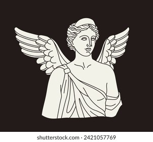 Ancient sculpture linear concept. Old style creativity and art. Marble bust from Greece or Rome. Woman with wings, goddes. Outline flat vector illustration isolated on brown background