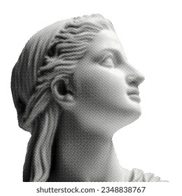 ancient sculpture profile of girl isolated on white background halftone vintage dots texture cut-out retro magazine style collage element for mixed media trendy modern design