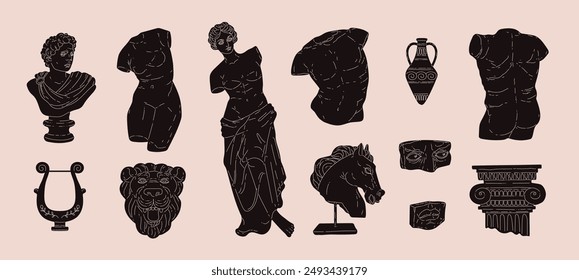 Antike Skulptur. Satz von Illustrationen: Aphrodite de Milo, männlicher Torso, Tigerkopf, Harfe, Säule, etc. in einem modernen schwarzen Stil, auf einem isolierten Hintergrund. Flacher Stil.