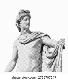Ancient sculpture of a young man isolated on white. Retro halftone grunge dotted cutout collage element in pop art style. Vintage vector statue illustration for mixed media, editorial, creative design