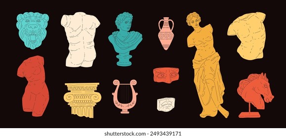 Ancient sculptures body figure, lion and horse head statue, amphora, harp vector collection set. Stone antique monument of columns isolated on black. Traditional Greek cultural symbols art exhibition