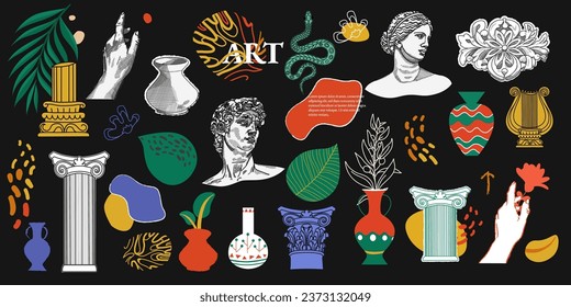 Ancient sculptures and modern art. Pillars, bust, harp, column, vases, amphoras, snake. Classic art elements and Abstract shapes sticker pack. Groovy retro 90s style Collection. Collage creator.