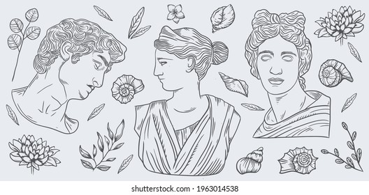 Ancient sculptures sunken under water in sea or ocean. Vector vintage illustration 
A statue of the Greek goddess underwater with seashell and sea flowers