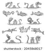 Ancient sea serpent, dragon, leviathan animals sketch. Sea monsters, engraved vector ocean deep legendary beasts, mythological snakes and fishes. Vintage maritime map hand drawn elements