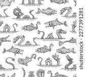 Ancient sea serpent, dragon and leviathan animals seamless pattern, vector background. Sea fish monsters and fantastic ocean creatures in vintage line hatching pattern, marine krakens with tentacles