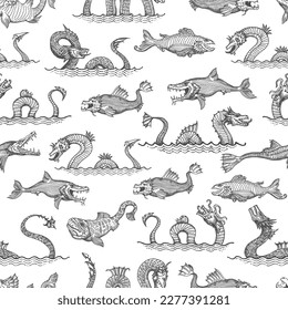 Ancient sea serpent, dragon and leviathan animals seamless pattern, vector background. Sea fish monsters and fantastic ocean creatures in vintage line hatching pattern, marine krakens with tentacles