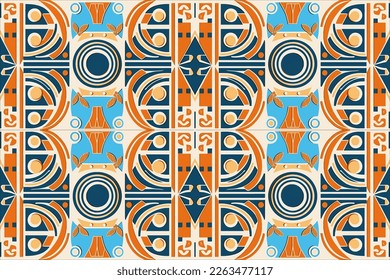 Ancient seamless egyptian pattern white orange blue background. Abstract traditional folk old antique tribal ethnic graphic line. Ornate elegant luxury vintage retro style for texture textile fabric.