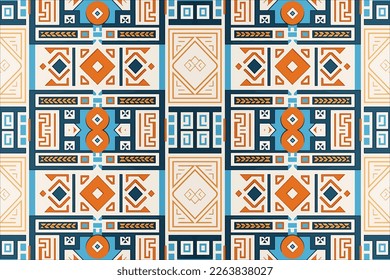 Antiguo patrón egipcio impecable fondo azul naranja blanco. Resumen de la antigua tradición folk antigua línea tribal de la etnia gráfica. Ornate elegante estilo retro vintage de lujo para tela textil.